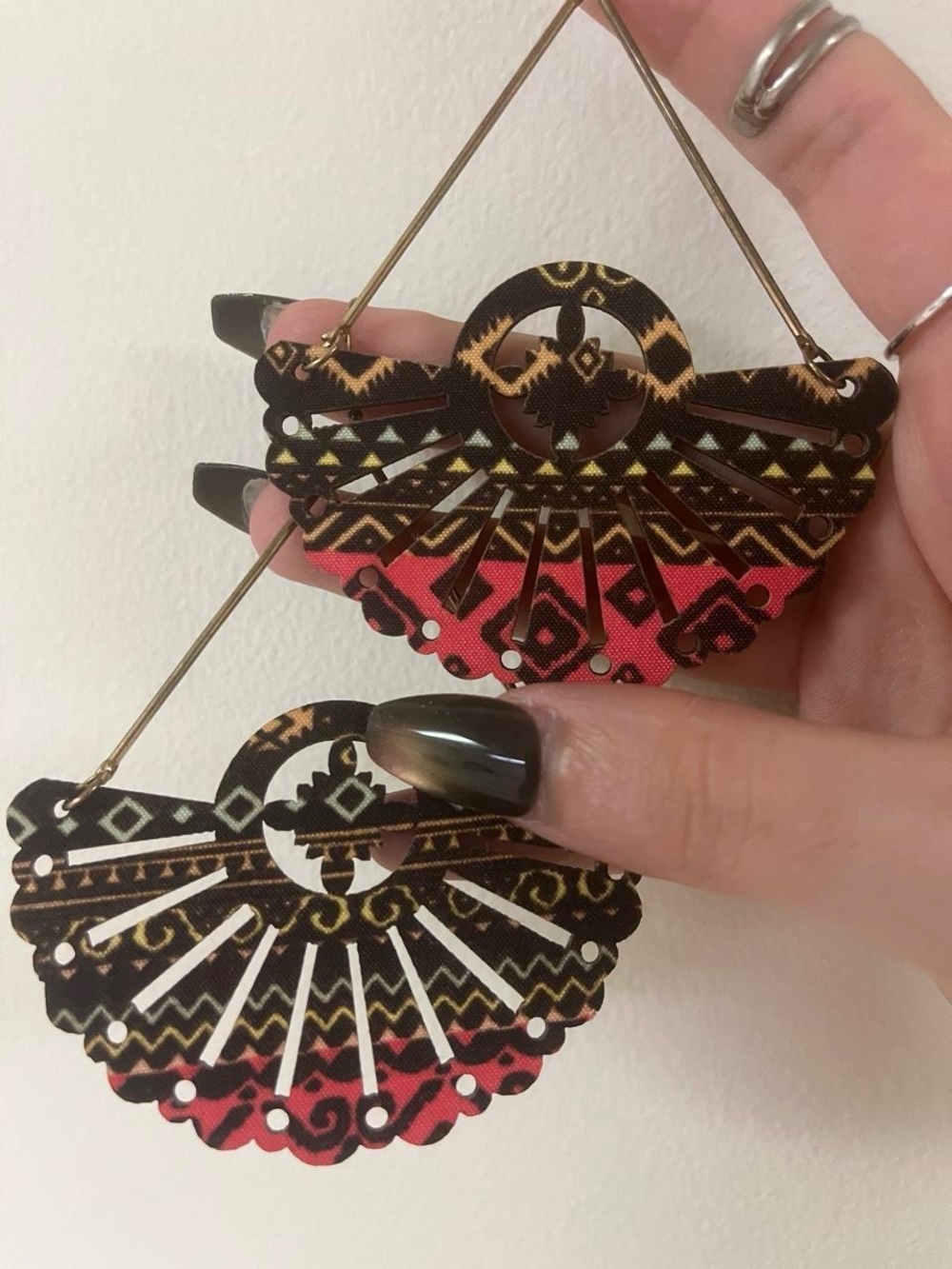 Decorative Black and Red Patterned Fan-Shape Earrings - Brand Unknown